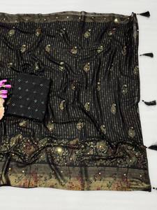 Sari de mariage pakistanais traditionnel noir à sequins en georgette de qualité supérieure, longueur ras du sol, séchage rapide, pour femme, coupe classique, robe de soirée - Product Image 6