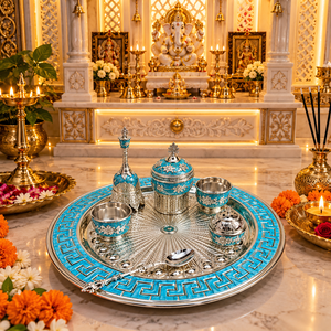 Juego de Thali de Lujo Plateado en Plata con Turquesa Azul, con Bandeja Decorativa Ornamentada, Tazones, Cuchara y Accesorios Rituales - Product Image 2