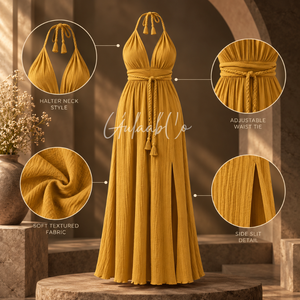 Vestido Maxi Amarillo Mostaza con Cuello Halter, Cintura Ajustable con Lazo, Tela Suave Texturizada, Abertura Lateral, Vestido Fluido para Verano, Playa, Fiesta Nocturna - Product Image 5