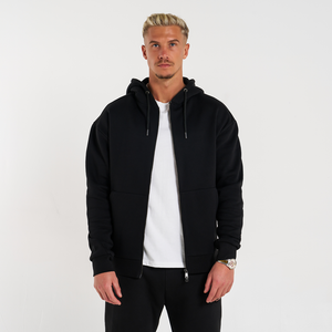 Sweat-shirt à capuche zippé noir pour homme, anti-plis, avec poches, coupe classique, en molleton bouclette tricoté, style décontracté, pour l'hiver - Product Image 2