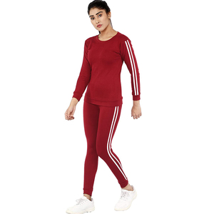 Ensemble de survêtement pour femmes, rouge, manches longues, col rond, couleur unie, respirant, en coton et élasthanne, décontracté, pour l'automne - Product Image 4