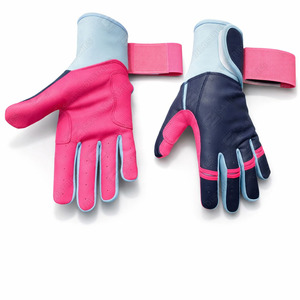 Guantes de Bateo de Cuero Genuino de Vaca en Rosa y Azul Marino con Ribete Azul y Cierre de Gancho y Bucle para Entrenamiento, Unisex, Adulto - Product Image 2
