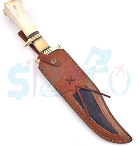 Beautiful Handmade Damascus Steel Bowie <b>Knife</b> with <b>Bone</b> <b>Handle</b> and Leather Sheath Brass Guard OEM Ready Logo & Custom Packaging - Product Image 5