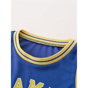 Ensemble de maillot de basket ODM bleu et jaune en mesh sans manches avec short pour garçons et enfants, respirant et confortable - Product Image 3