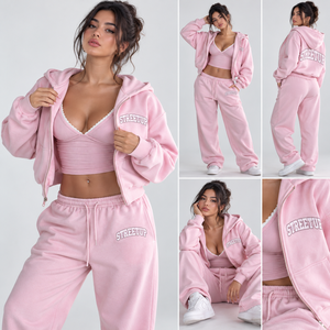 Conjunto Deportivo Rosa Personalizado para Mujer, 3 Piezas: Sudadera Corta con Cremallera, Top Ribbed con Ribete de Encaje y Pantalones Anchos, Ropa de Descanso OEM - Product Image 2