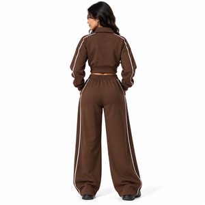 Hot Selling Coffee <b>Brown</b> Piping Full Zip Cropped <b>Jacket</b> Wide Leg Pants <b>Women</b> Tracksuit Set Two Piece Fleece Activewear Sweatsuit - Product Image 2