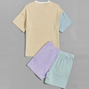 ชุดเซ็ตเสื้อยืดโอเวอร์ไซส์สีสันตัดกันสำหรับผู้ชาย ชุดลำลองสองชิ้น กางเกงขาสั้นผ้าฝ้าย ชุดลำลองใส่สบายสำหรับฤดูร้อน - Product Image 2