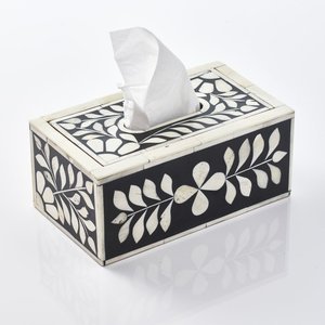 Caja de pañuelos de resina artesanal con incrustaciones, diseño de hojas en blanco y negro, dispensador decorativo de servilletas para hotel - Product Image 1