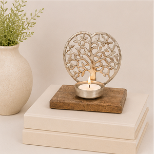 Handmade Tree Of Life Metal <b>Tea</b> Light Candle Holder On Rustic Solid Wood Base Decorative Table Centerpiece For Boho Home Decor - Product Image 4