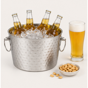 Seau à glace en acier inoxydable martelé avec couvercle, bac à glace avec poignées, grand refroidisseur de boissons argenté pour bars, hôtels et événements traiteur - Product Image 4