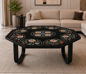 Table basse Art Déco en marbre noir fait main avec incrustations de pierres semi-précieuses pour mobilier de salon de luxe, occasions de Diwali et de séparations - Product Image 2