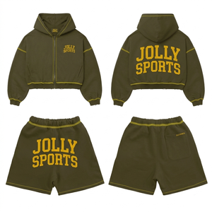 Conjunto de Sudadera Corta y Pantalones Cortos de Felpa de Algodón y Poliéster GSM para Mujer, con Costuras en Contraste, Estampado Puff y Logotipo Personalizado - Product Image 2