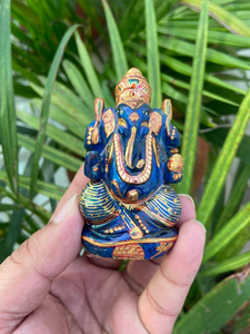 Hand Carved Lapis Lazuli Ganesha <b>Statue</b> | Hand Painted Ganesh Idol with Gold Detail | Hindu Altar Decor | Wholesale Supplier - Product Image 1