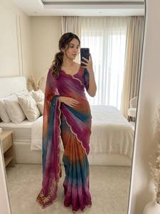 Sari Rangoli Crush con estampado a mano y hermosa bordeada con pedrería Dana Khatli, con bordado Khatli y blusa sin coser hecha a mano. - Product Image 6