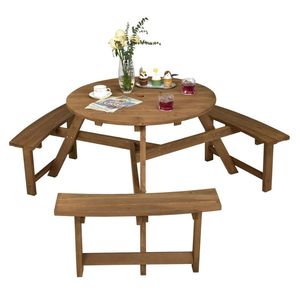 6-Person Round <b>Wooden</b> Picnic <b>Table</b> with Umbrella Hole & 3 Built-In Benches for <b>Garden</b> Sets - Product Image 4
