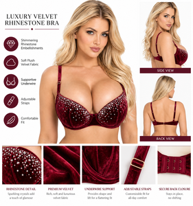 Soutien-gorge sexy en velours et strass, dos en U, rouge foncé, rembourré, à armatures, bretelles réglables, offrant un bon maintien, idéal pour les soirées et la scène - Product Image 5