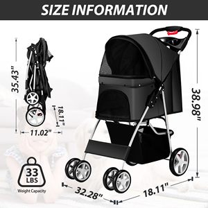 TH-PPS-526 Compact Four Wheel Pet Stroller with Quick Release Wheels Breathable Mesh Panels and Storage <b>Basket</b> - Product Image 3