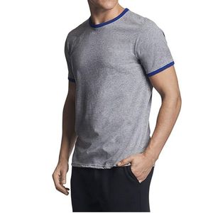 T-shirts de sport athlétiques à col rond en coton peigné et élasthanne, légers et respirants, avec bordure bleue contrastante personnalisée et manches ajustées - Product Image 2
