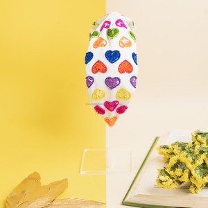 Rainbow Sequin Heart <b>Headband</b> White <b>Padded</b> Hairband Colorful Embroidery Accessory Handmade Statement Pride Fashion Hair Wrap - Product Image 1