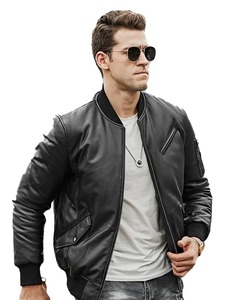 เสื้อแจ็คเก็ตหนังบอมเบอร์สีดำสำหรับผู้ชาย - Product Image 1
