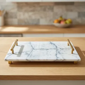 Plateau en quartz blanc avec poignées en métal doré, plateau de service décoratif en marbre pour table basse, salle à manger, maison, hôtel, restaurant - Product Image 3