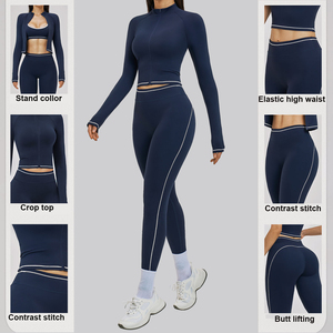 Ensemble de yoga 3 pièces sans couture respirant pour femme : veste courte zippée, soutien-gorge de sport, leggings taille haute avec logo frontal, extensible dans les quatre sens - Product Image 3