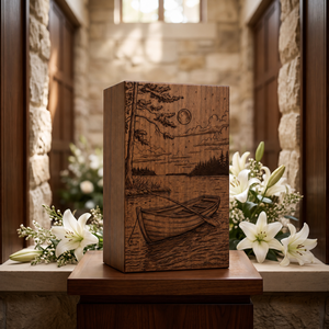 Wooden <b>Memorial</b> Urn Engraved Cremation <b>Keepsake</b> <b>Box</b> Boat Lake Landscape Funeral Tribute Decor - Product Image 1