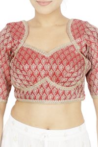 Blusa de Seda Brocada con Bordado Floral Rosa para Mujer, Cuello Redondo, Mangas Cortas, Estilo Vintage Tradicional - Product Image 3