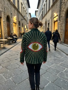 Blazer vert brodé pour femme avec motif œil, col mandarin, fermeture éclair, manches longues, vêtement d'extérieur pour l'automne - Product Image 2