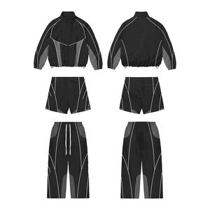 Ensemble trois pièces décontracté à capuche en nylon uni avec logo personnalisé, coupe-vent vintage à cordon de serrage, survêtement par sublimation, séchage rapide, longueur intégrale - Product Image 1