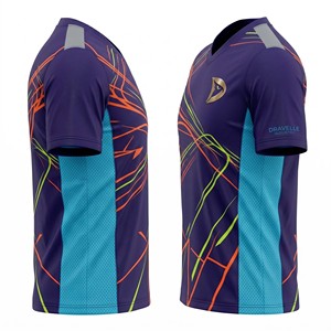 เสื้อพิคเคิลบอลแบบขายส่ง ดีไซน์สวยงาม สีม่วงมิดไนท์ ซีแยน ตาข่ายเนออน ลายพิมพ์แบบซับลิเมชั่น สำหรับอุตสาหกรรม Dravelle รับผลิตตามสั่งแบบ OEM - Product Image 4
