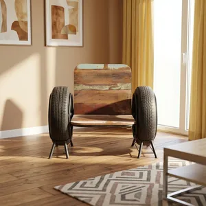 Sillón de exterior vintage contemporáneo de madera y metal con base de neumático y hierro para hotel, resort, restaurante, jardín, casa de campo - Product Image 5