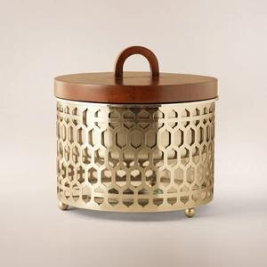 Recipiente Redondo de Acero Inoxidable para Calentar Alimentos, de Lujo, con Diseño de Arco Islámico Jali, Corte Láser, Color Oro Champán Satinado, Venta al por Mayor - Product Image 1