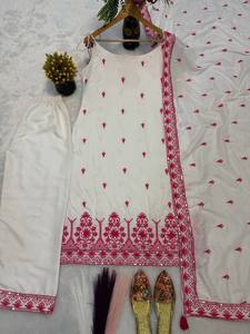 White Cotton Salwar Kameez With Black Embroidery Ankle-Length Traditional Wear For Women India Pakistan Casual Style - Product Image 3