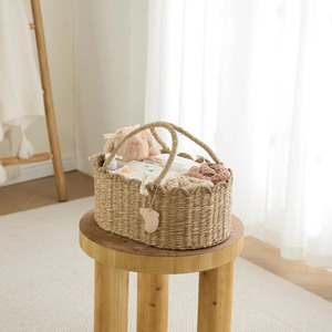 Natural Rattan <b>Storage</b> <b>Baskets</b> With Handles For Baby Diaper Caddy Cute Decorative Organizer Bin Ideal For Kids Room Styling - Product Image 2