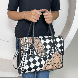 Wholesale Fashionable Hand Tooled Cowhide Leather Speedy Bag Checkered Pattern <b>Handbag</b> Floral Carved Shoulder Tote for Women - Product Image 4
