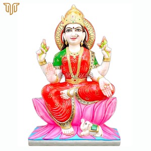 Statue de Lakshmi en marbre avec travail en or |   Maa Lakshmi à quatre bras sur lotus rose |   MALIYAS Jaipur - Product Image 4