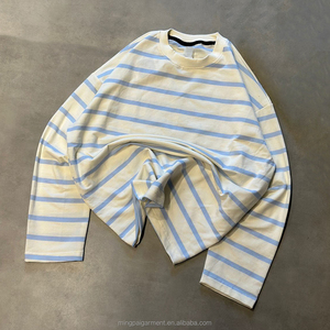Camiseta de Manga Larga Informal de Algodón con Logotipo Personalizado para <span class=keywords><strong>Mujer</strong></span>, Primavera Verano, Corte Holgado, Cuello Redondo, Sudadera a Rayas para <span class=keywords><strong>Mujer</strong></span> - Product Image 1