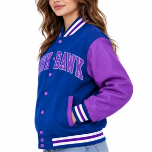 Custom <b>Women</b> Two Tone Varsity Jacket Casual College Style Outerwear Sleeves Print Snap Button Striped <b>Collar</b> Letterman Jacket - Product Image 3