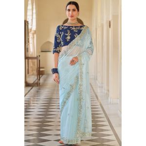 Sari de Diseñador Hermoso en Organza de Seda 100% Suave, Color Azul Cielo - Product Image 1