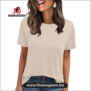 Women's O-Neck Short Sleeve Denim Print T-Shirt Solid Blue Knitted Casual Wear Loose Fit Summer - Product Image 3