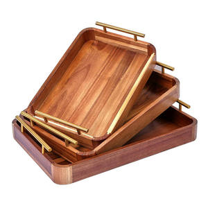 Ensemble de plateaux de service en bois rustique avec poignées en métal, plateau de service rectangulaire en bois, organisateur de fruits et de collations pour la cuisine - Product Image 1