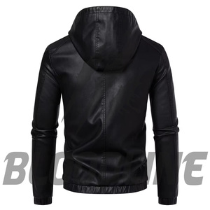 BLOODLINE Men's Black PU Leather Hooded <b>Jacket</b> <b>Slim</b> <b>Fit</b> Moto Biker Style Zipper Closure Autumn Wear - Product Image 2