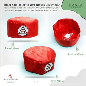 หมวกมงกุฎรอยัลอาร์ช แคปป์สีแดงขาว ผ้าไหมน้ำหนักเบา ปักด้วยเครื่องจักร ลายตราสามทอ สำหรับพิธีกรรมฟรีเมสัน - Product Image 6