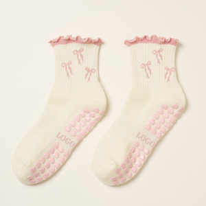 Women Ankle Grip <b>Socks</b> With Ruffles Bows Pattern Anti-Slip Grippy Bottom Cotton Knitted Floor <b>Socks</b> Custom Logo for Pilates Use - Product Image 2