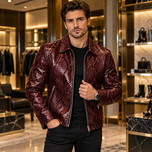 Men’s <b>Purple</b> Snake Embossed Leather Jacket Luxury Genuine Leather Biker Coat Zip Up Motorcycle Jacket - Product Image 2