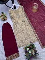 Ensemble Kurti 3 pièces haut de gamme avec broderie et travail de sequins, doublure en micro-coton, prêt-à-porter, idéal pour les fêtes, vente en gros