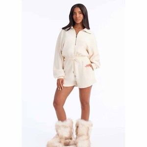 Women Fleece 2 Piece Shorts Set Crew Neck Zipper Loose Casual All Seasons Solid Color Daily Wear Breathable Customized Color - Product Image 5