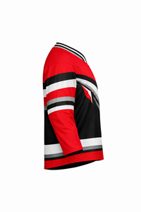 Jersey de Hockey sobre Hielo para Hombre, Rojo y Negro a Rayas, Manga Tres Cuartos, Cuello Redondo, Absorbe la Humedad, Sublimado - Product Image 2