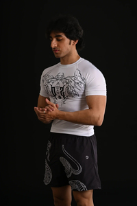 Ensemble de vêtements de yoga pour homme, t-shirt sans manches à col rond blanc en jersey compressif, short imprimé à carreaux sur le devant, 100% coton, séchage rapide, coupe ajustée - Product Image 2